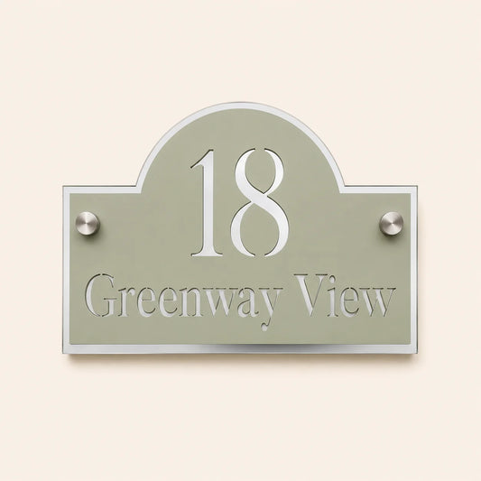 Personalised sage green arch acrylic house sign with mirror silver backing