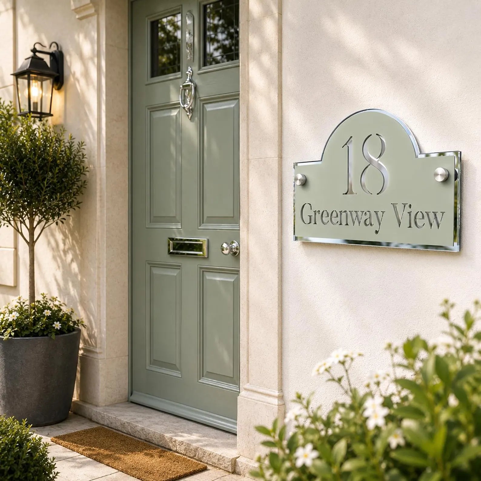 Personalised house sign installed beside a front door
